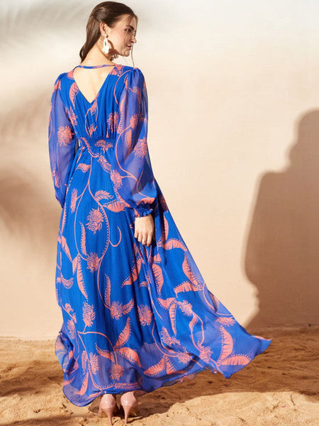 Women's Floral Print Chiffon Maxi Dress VitansEthnics