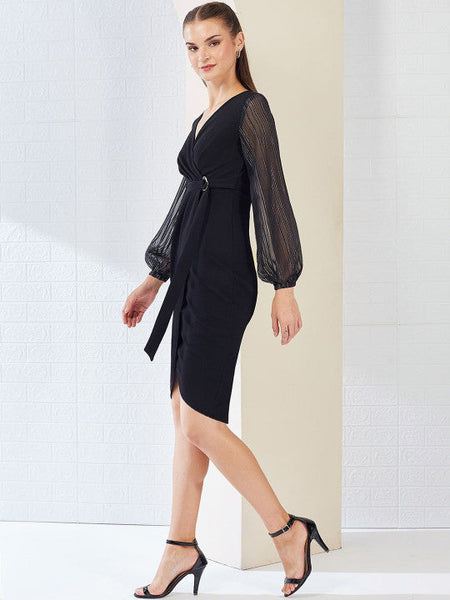 Women V Neck Bishop Sleeves Front Pocketed Polyester Wrap Knee-Length Dress VitansEthnics