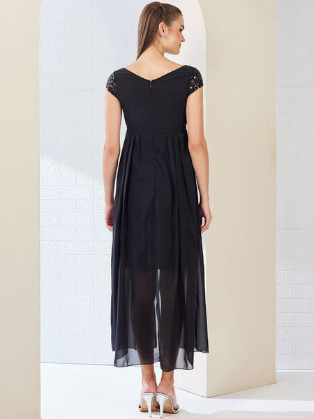 Women's Black Embellished Fit & Flare Maxi Dress VitansEthnics