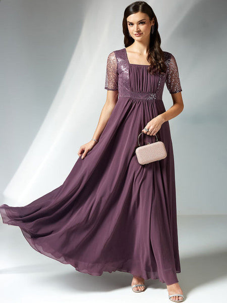 Womens Embellished Georgette A-Line Maxi Dress VitansEthnics