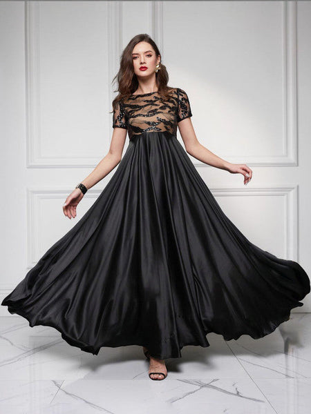Women Black Boat-Neck Short-Sleeve Abstract Fit & Flare Satin Maxi Dress VitansEthnics