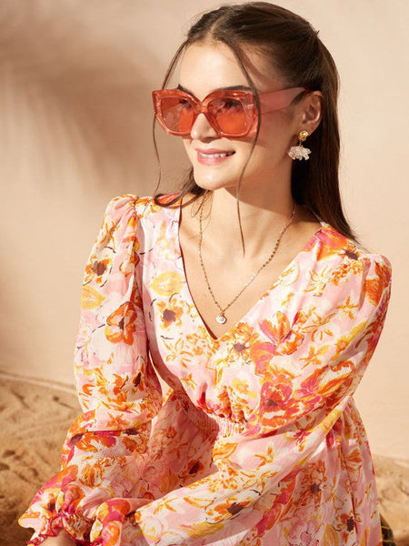 Women's Floral Print Chiffon A-Line Maxi Dress VitansEthnics