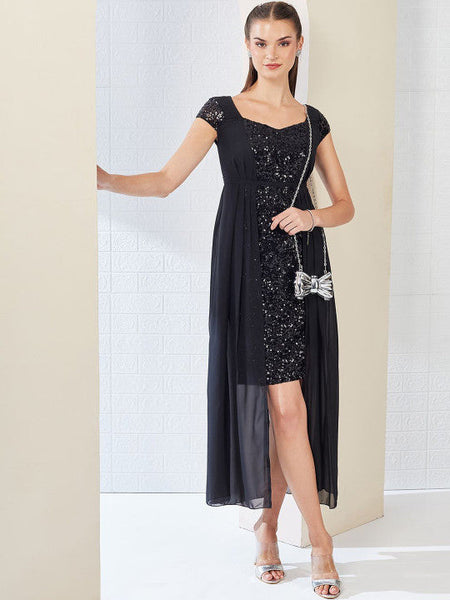 Women's Black Embellished Fit & Flare Maxi Dress VitansEthnics