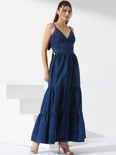 Women's Blush Shore Denim Maxi Dress VitansEthnics