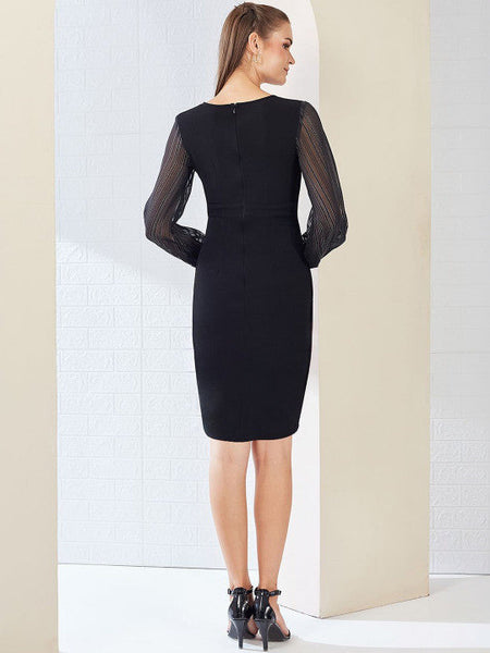 Women V Neck Bishop Sleeves Front Pocketed Polyester Wrap Knee-Length Dress VitansEthnics