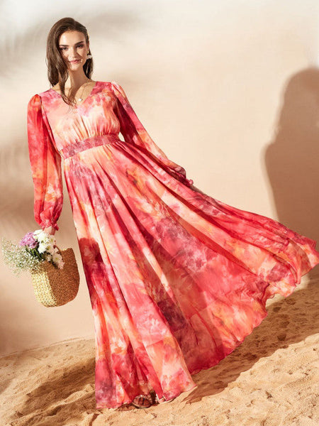 Women's Tie and Dye Print Chiffon Maxi Dress VitansEthnics