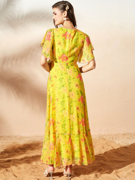 Women's Floral Print Flutter Sleeve Chiffon Midi Dress VitansEthnics