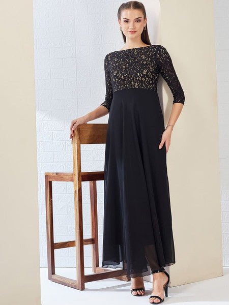 Women Self Design Side Pocketed Georgette Fit and Flare Maxi Length Dress VitansEthnics