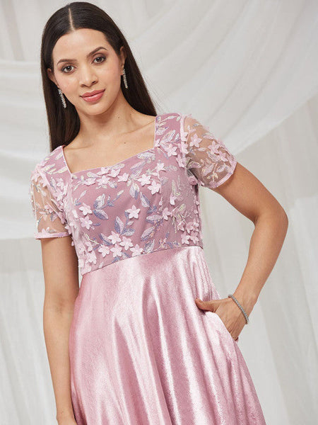 Women Sweetheart Neck Half Sleeve Embellished Maxi Satin Dress VitansEthnics