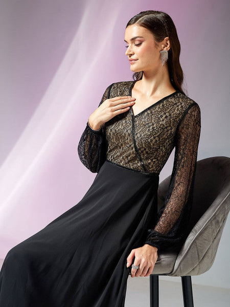 Black Lace Self-design Georgette Fit Flare Maxi Dress Balloon Sleeves Dresses VitansEthnics