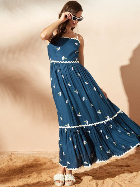 Women's Floral Print Ruffled Maxi Dress VitansEthnics