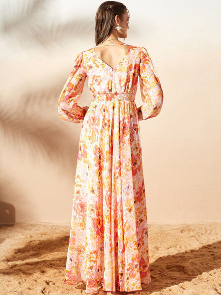 Women's Floral Print Chiffon A-Line Maxi Dress VitansEthnics