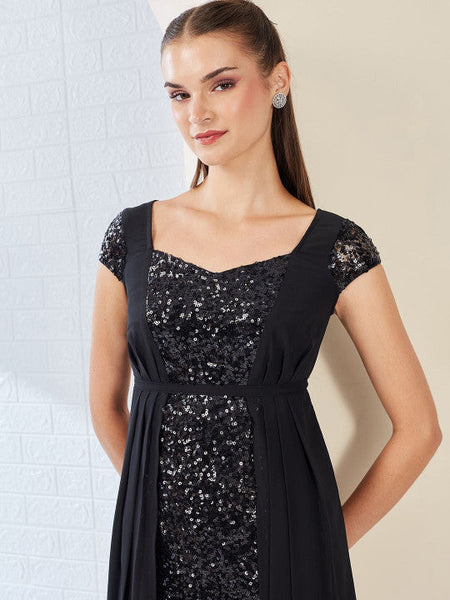 Women's Black Embellished Fit & Flare Maxi Dress VitansEthnics