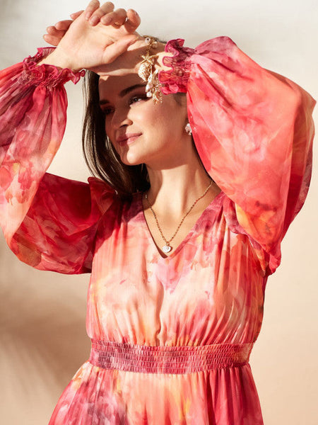 Women's Tie and Dye Print Chiffon Maxi Dress VitansEthnics