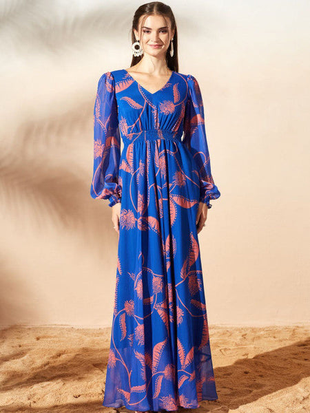 Women's Floral Print Chiffon Maxi Dress VitansEthnics