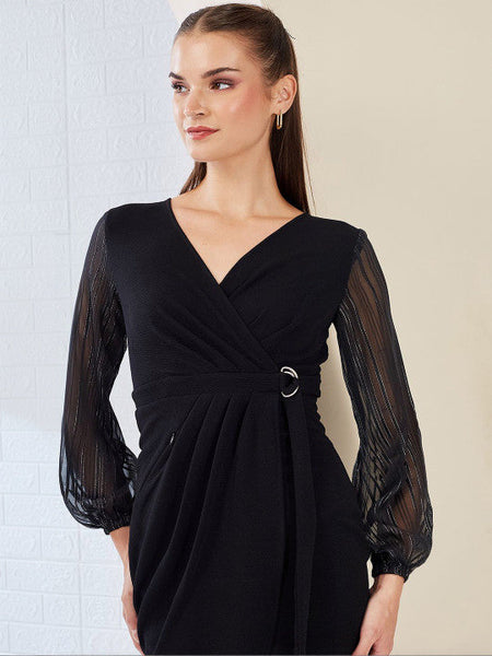 Women V Neck Bishop Sleeves Front Pocketed Polyester Wrap Knee-Length Dress VitansEthnics