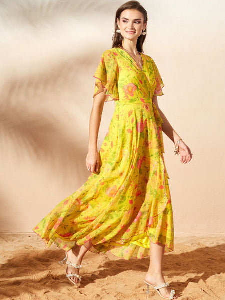 Women's Floral Print Flutter Sleeve Chiffon Midi Dress VitansEthnics