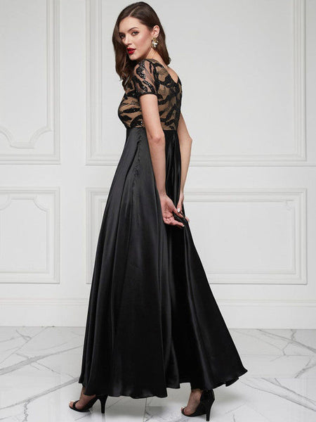 Women Black Boat-Neck Short-Sleeve Abstract Fit & Flare Satin Maxi Dress VitansEthnics