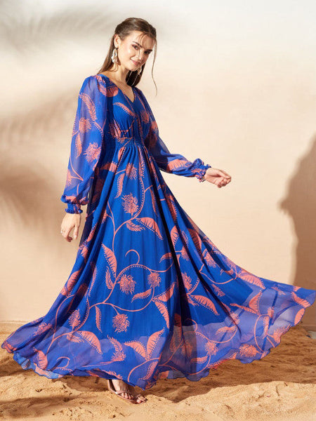Women's Floral Print Chiffon Maxi Dress VitansEthnics