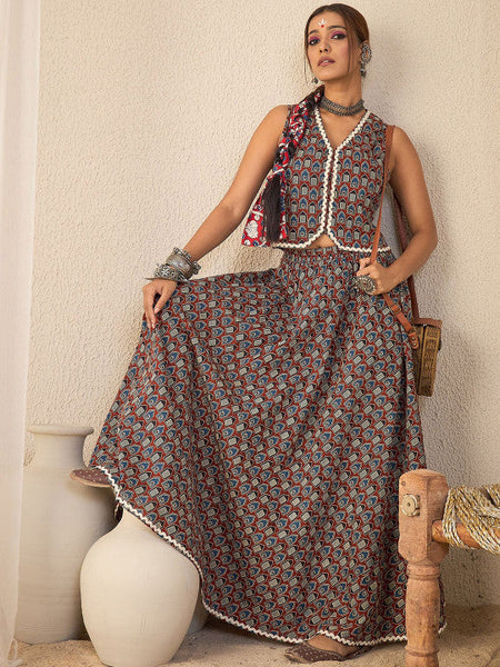 Women Brown Printed Sleeveless V-Neck Pure Cotton Waistcoat With Skirt Co-Ords Set VitansEthnics