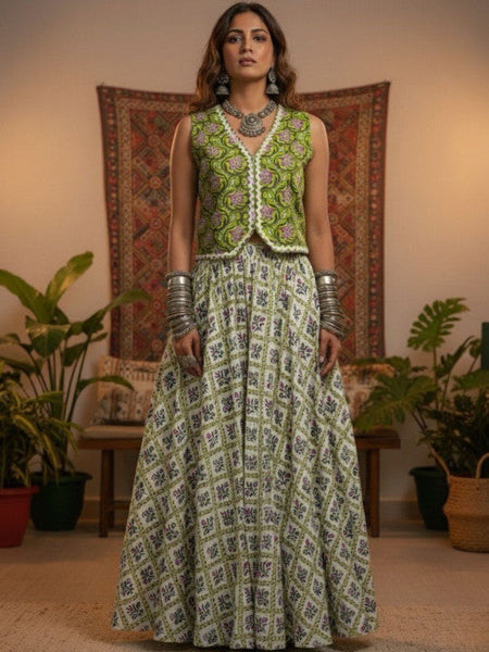 Women Green Printed Pure Cotton Lace Detailed Waistcoat With Skirt Co-Ords Set VitansEthnics
