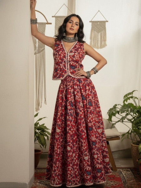 Women Printed Pure Cotton V-Neck Waistcoat With Skirt Co-Ords Set VitansEthnics
