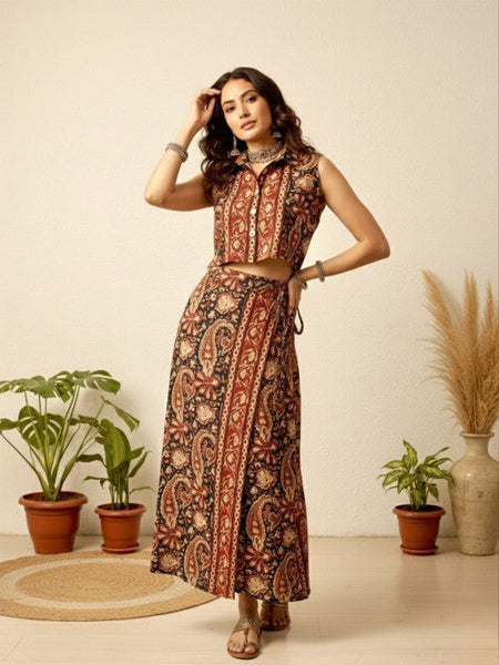 Women Printed Shirt Collar Shirt & Skirt Co-Ords Set VitansEthnics