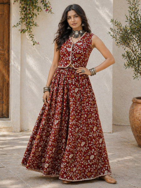 Women Indie Florals Cotton Printed Top with Skirt Co-Ords Set VitansEthnics