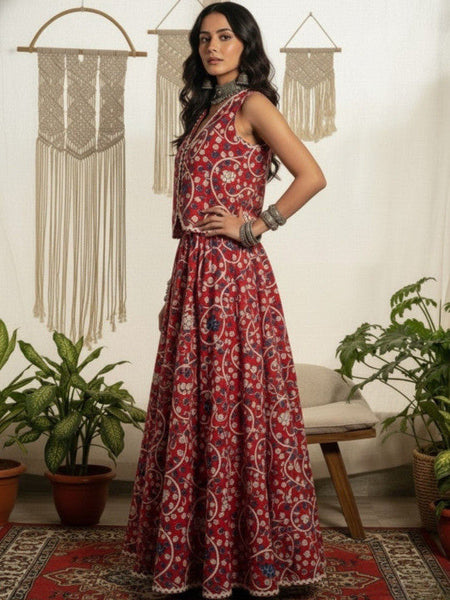 Women Printed Pure Cotton V-Neck Waistcoat With Skirt Co-Ords Set VitansEthnics
