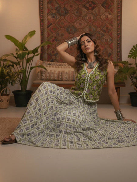 Women Green Printed Pure Cotton Lace Detailed Waistcoat With Skirt Co-Ords Set VitansEthnics