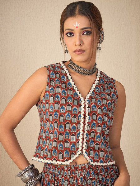 Women Brown Printed Sleeveless V-Neck Pure Cotton Waistcoat With Skirt Co-Ords Set VitansEthnics