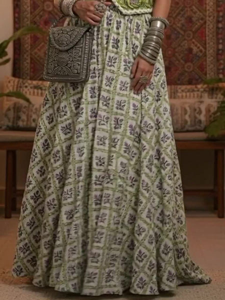 Women Green Printed Pure Cotton Lace Detailed Waistcoat With Skirt Co-Ords Set VitansEthnics