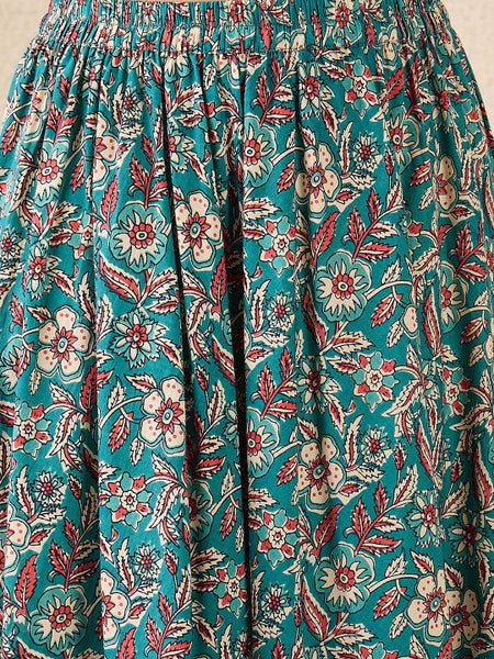 Women Teal Floral Printed Pure Cotton Top With Skirt Co-Ords Set VitansEthnics