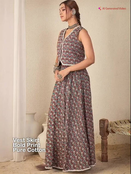 Women Brown Printed Sleeveless V-Neck Pure Cotton Waistcoat With Skirt Co-Ords Set VitansEthnics