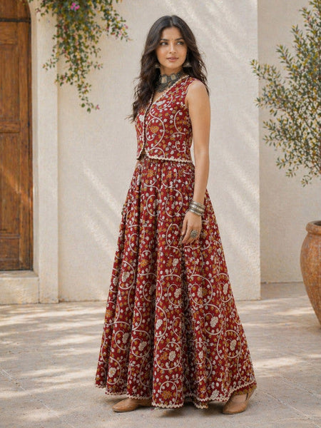 Women Indie Florals Cotton Printed Top with Skirt Co-Ords Set VitansEthnics