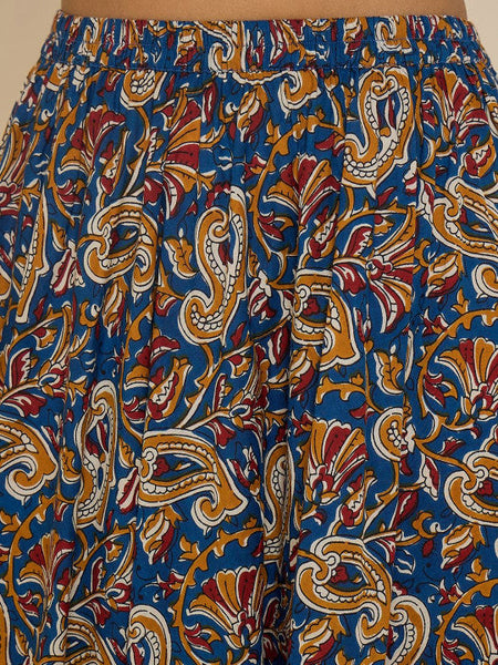 Women Blue Printed V-Neck Pure Cotton Waistcoat With Skirt Co-Ords Set VitansEthnics