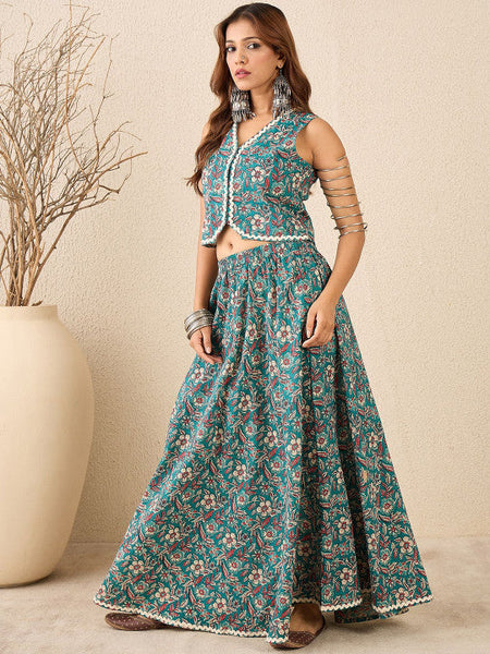 Women Teal Floral Printed Pure Cotton Top With Skirt Co-Ords Set VitansEthnics