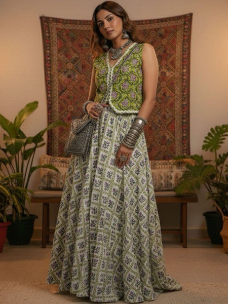 Women Green Printed Pure Cotton Lace Detailed Waistcoat With Skirt Co-Ords Set VitansEthnics