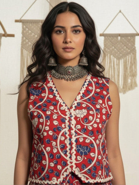 Women Printed Pure Cotton V-Neck Waistcoat With Skirt Co-Ords Set VitansEthnics