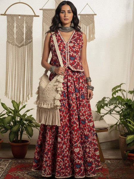 Women Printed Pure Cotton V-Neck Waistcoat With Skirt Co-Ords Set VitansEthnics