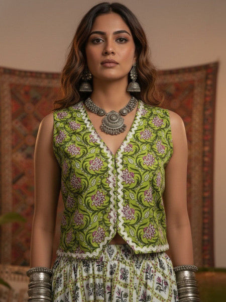 Women Green Printed Pure Cotton Lace Detailed Waistcoat With Skirt Co-Ords Set VitansEthnics