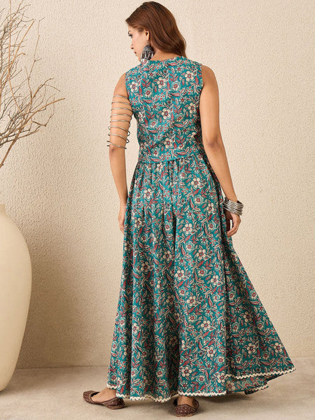 Women Teal Floral Printed Pure Cotton Top With Skirt Co-Ords Set VitansEthnics