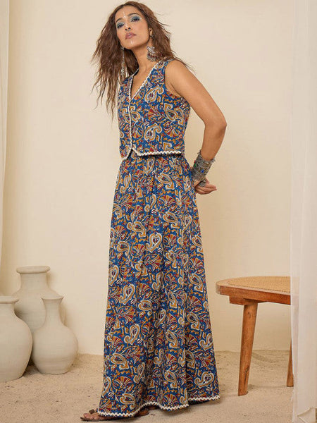 Women Blue Printed V-Neck Pure Cotton Waistcoat With Skirt Co-Ords Set VitansEthnics
