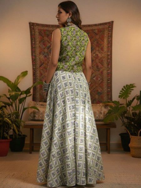 Women Green Printed Pure Cotton Lace Detailed Waistcoat With Skirt Co-Ords Set VitansEthnics