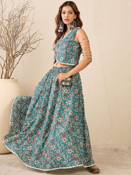 Women Teal Floral Printed Pure Cotton Top With Skirt Co-Ords Set VitansEthnics