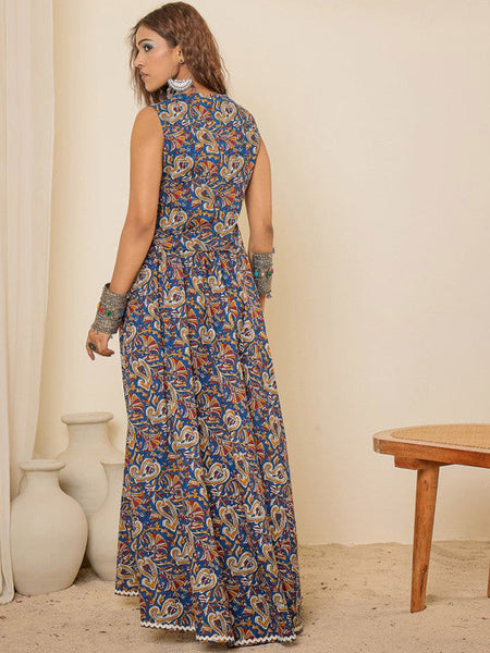 Women Blue Printed V-Neck Pure Cotton Waistcoat With Skirt Co-Ords Set VitansEthnics
