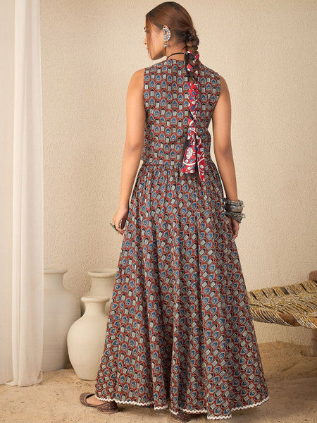 Women Brown Printed Sleeveless V-Neck Pure Cotton Waistcoat With Skirt Co-Ords Set VitansEthnics