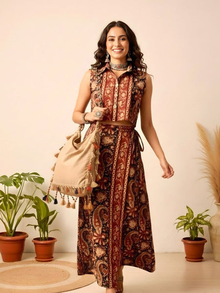 Women Printed Shirt Collar Shirt & Skirt Co-Ords Set VitansEthnics