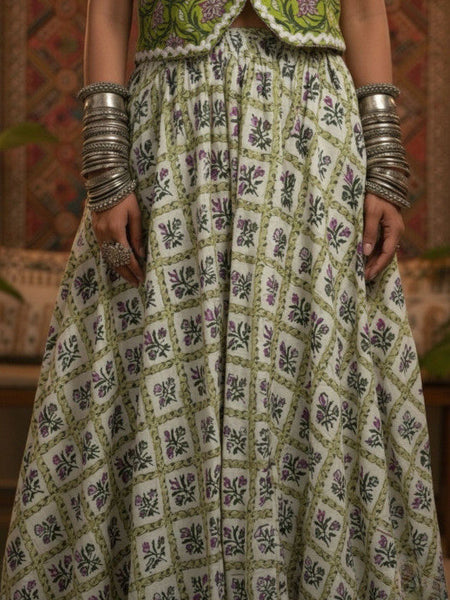 Women Green Printed Pure Cotton Lace Detailed Waistcoat With Skirt Co-Ords Set VitansEthnics