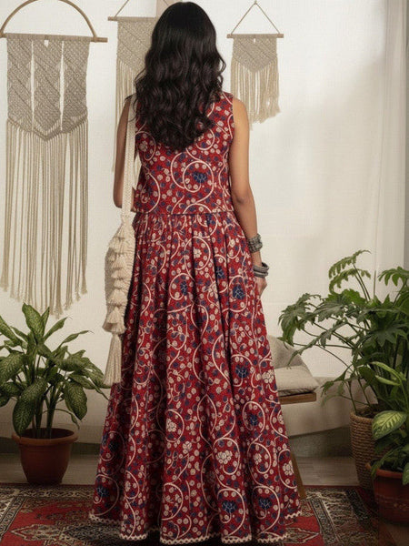 Women Printed Pure Cotton V-Neck Waistcoat With Skirt Co-Ords Set VitansEthnics